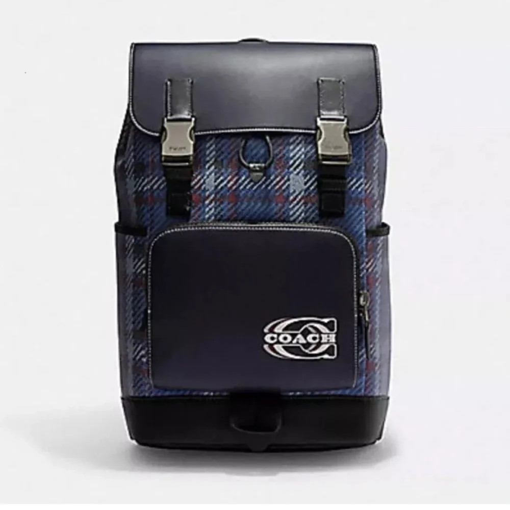 Coach Leather Backpack Blue Track Plaid Laptop Travel Carry On Bag Quiet Luxury‎